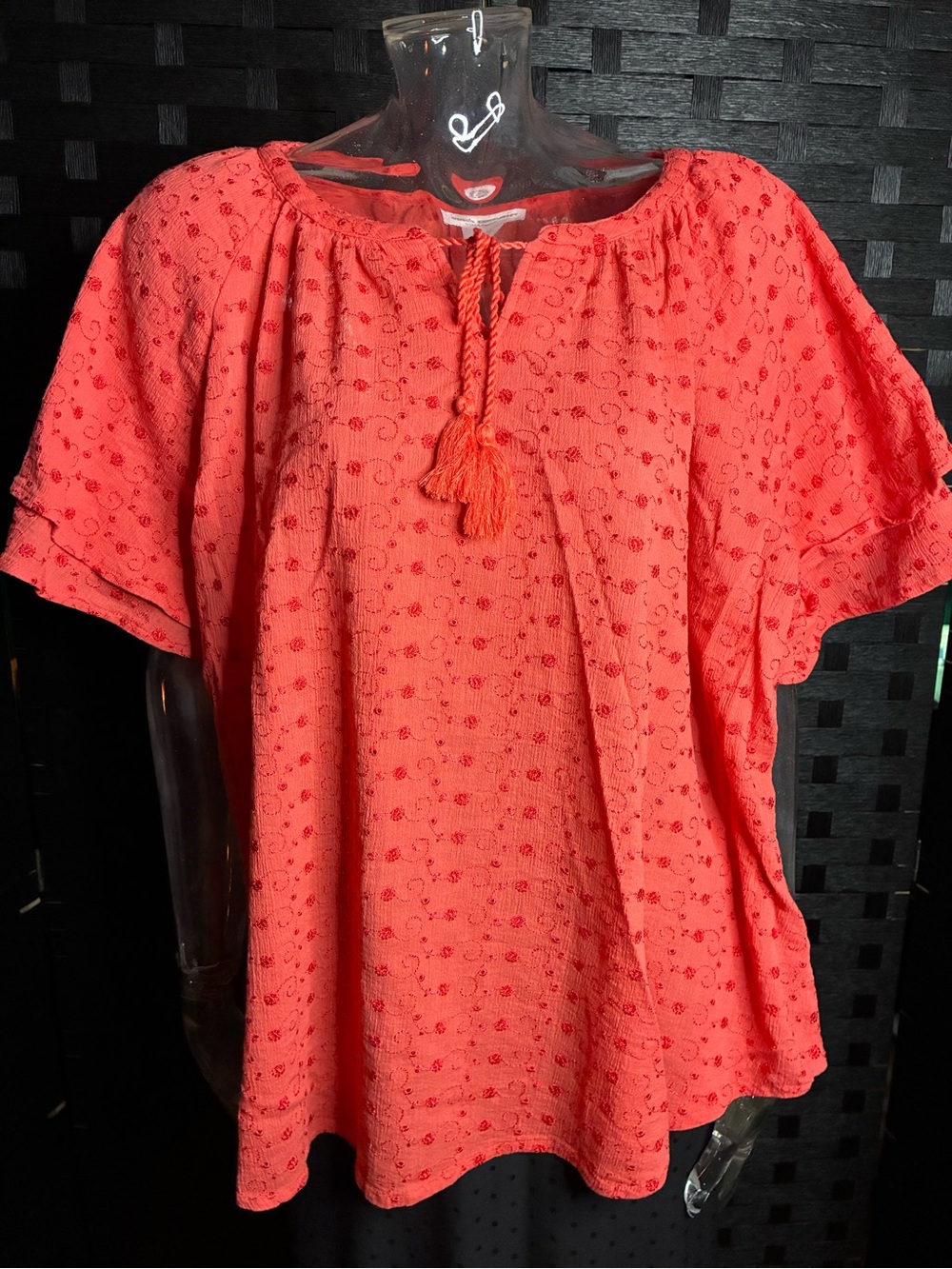 Allison Daley Coral Eyelet Peasant Tunic with Tassel Tie